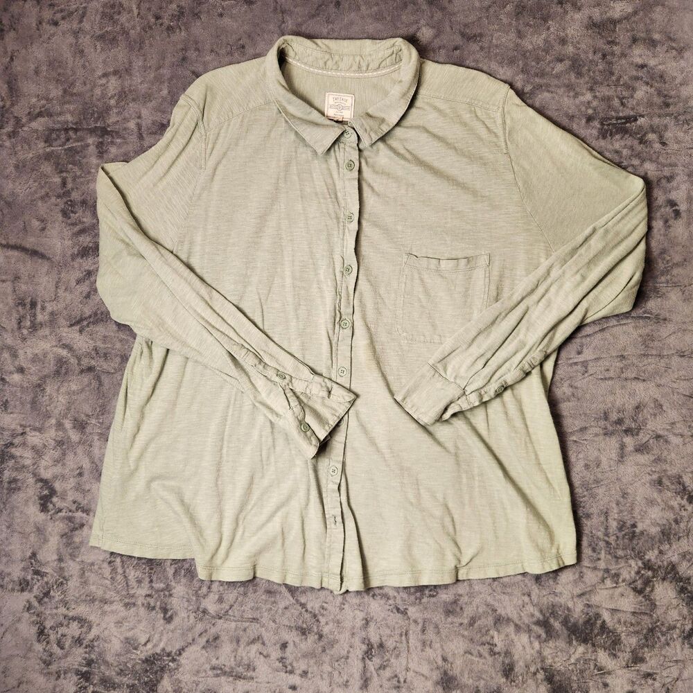 FatFace Women Long Sleeve Button Up Knit Jersey Shirt Sage Green Pocket Sz 20‎